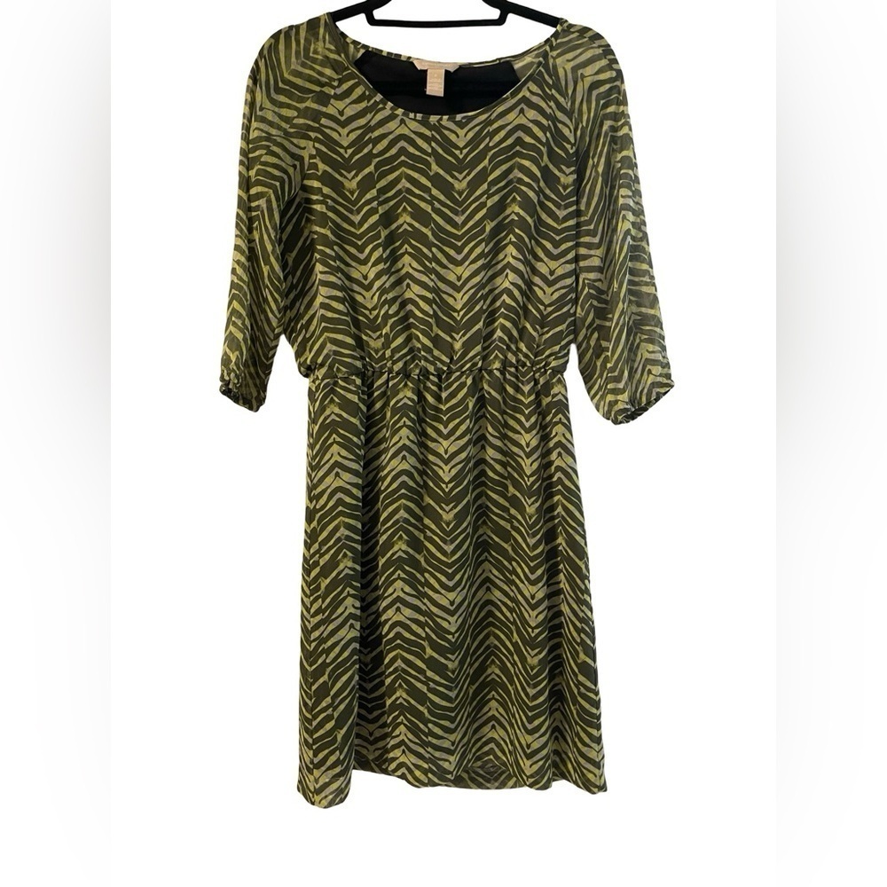 Banana Republic Midi Animal Print Dress Green/Yellow/Gray Size 8